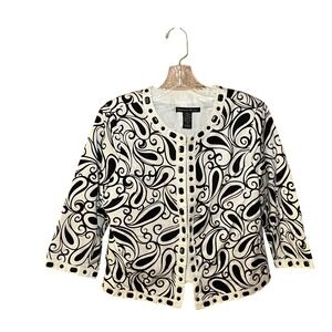 Marina Luna Paisley Beaded Jacket Women Medium White Black Hook Eye 3/4 Sleeve